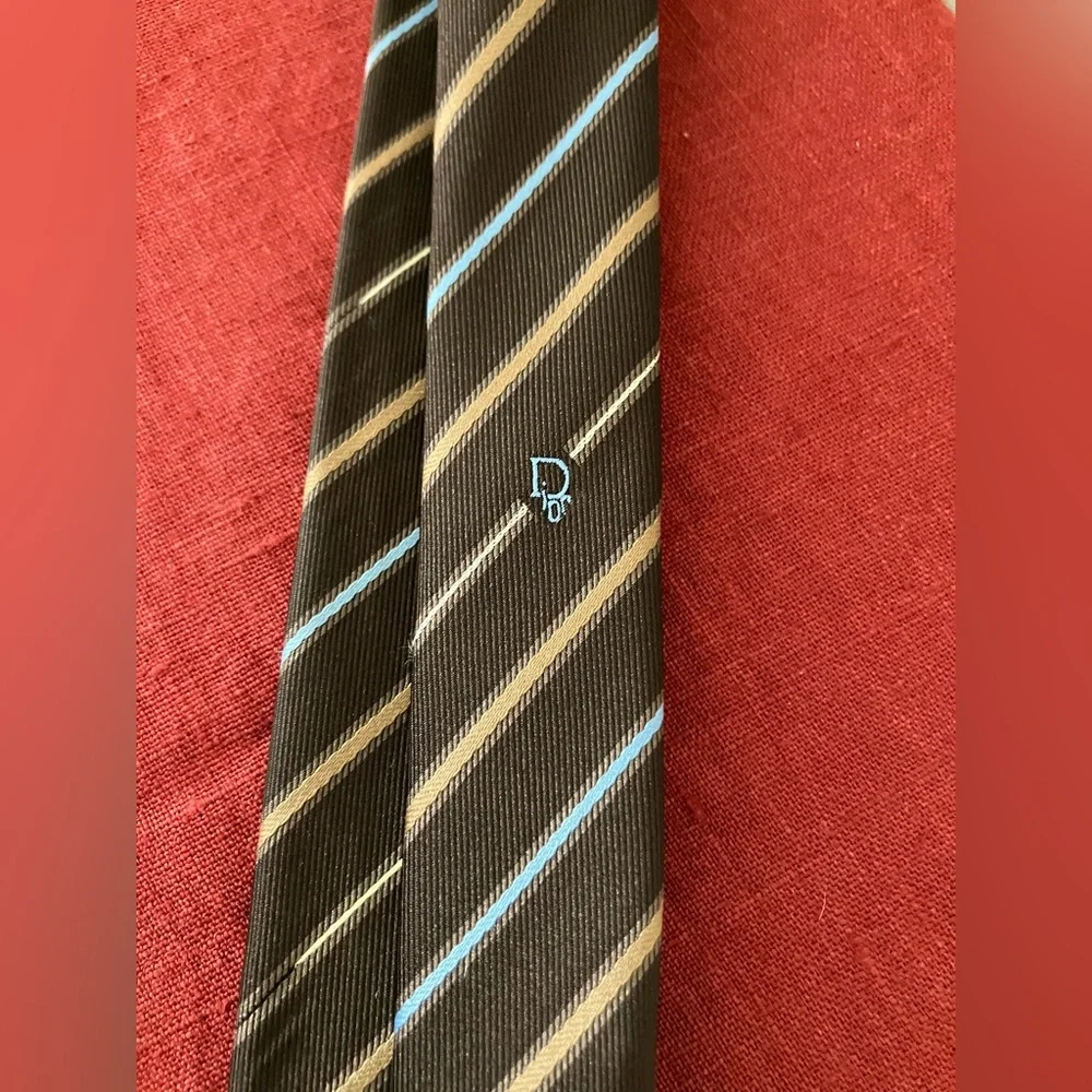 Vintage '70s/'80s Christian Dior Striped Neck Tie Logo Monogram Brown Blue